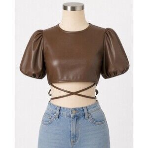 Crop Top Brown Faux Leather Open Back Puff Sleeve Size  L Rave Hippie Biker